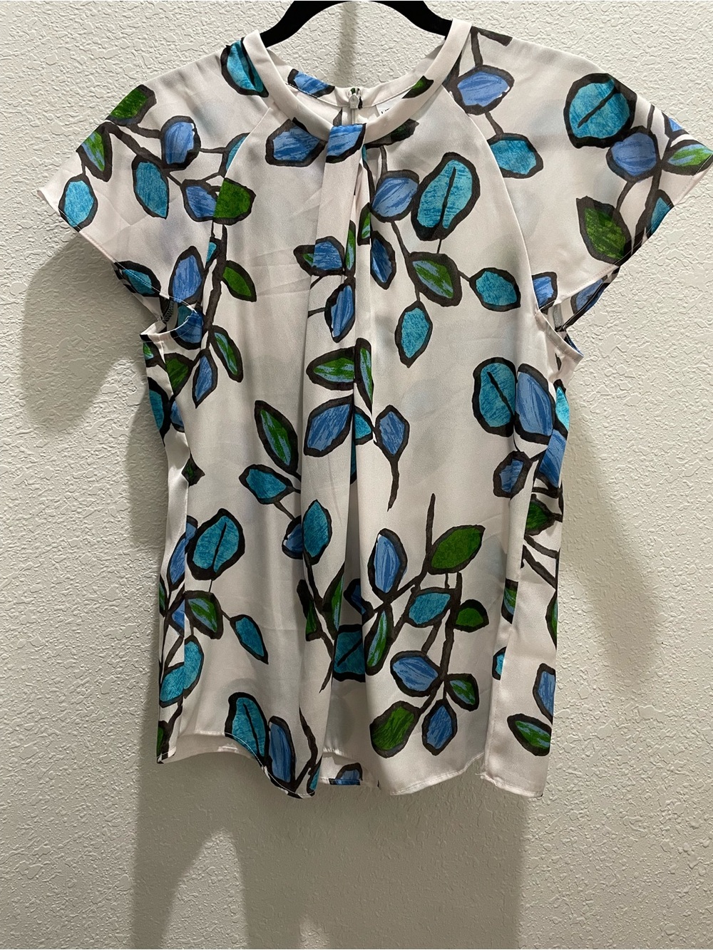 Liz Claiborne White Blouse with Blue and Green Leaf Print